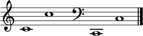 
\new Staff \with
{
  \omit TimeSignature
  fontSize = #2
  \override StaffSymbol.staff-space = #1.25
  \override StaffSymbol.thickness = #1.25
  \override Clef.full-size-change = ##t
  \override BarLine.hair-thickness = #2.4
  \override BarLine.thick-thickness = #7.5
  \override BarLine.kern = #3.75
  \override BarLine.transparent = ##t
}
{
  \time 18/8
  \clef treble
  s8
  c'1 c''
  s8
  \grace s8
  \clef bass
  \bar "|"
  s8
  c,1 c
  \override Staff.BarLine.transparent = ##f
  \bar "|."
}
