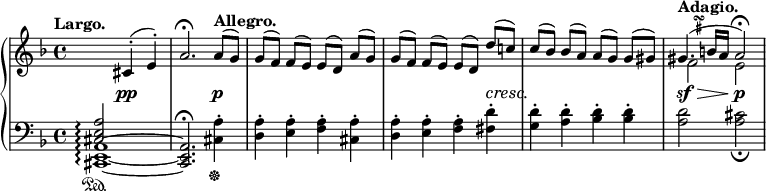 
 \relative c' {
  \new PianoStaff <<
   \set PianoStaff.connectArpeggios = ##t
   \new Staff = "up" { \key d \minor \time 4/4 \tempo "Largo."
    <<
     {
      \override TextScript #'avoid-slur = #'inside
      \override TextScript #'outside-staff-priority = ##f
      \change Staff = "down" <a e cis>2\arpeggio \change Staff = "up" cis4-.( e-.) a2.\fermata
      \tempo "Allegro."
      a8 ( g) g[( f)] f( e) e[( d)] a'( g) g[( f)] f( e) e[( d)] d'( c!) c[( bes)] bes( a) a[( g)] g( gis)
      \tempo "Adagio."
      gis4.(^\markup    
             \teeny \override #'(baseline-skip . 1) {
              \null \halign #-3
              \center-column {
               \musicglyph #"scripts.turn"
               \sharp
              }
             }
      (  b16a a2\fermata)
     }
    \\
     { s1 s1 s1 s1 s1 f2 e2 }
    >>
   }
   \new Dynamics {
    s2 s2\pp s2. s4\p s1 s2. s8\cresc s8\! s1 s2\sf \> s2\p
   }
   \new Staff = "down" { \key d \minor \time 4/4 \clef bass
    \set tieWaitForNote = ##t
    <a,,~ e~ cis~>1\arpeggio \sustainOn <a e cis>2.\fermata
    <a' cis,>4-. \sustainOff <a d,>-. <a e>-. <a f>-. <a cis,>-. <a d,>-. <a e>-. <a f>-. <d fis,>-. <d g,>-. <d a>-. <d bes>-. <d bes>-.
    <d a>2 <cis a>_\fermata
   }
  >>
 }
