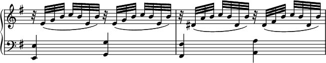 
 \relative c' {
  \new PianoStaff <<
   \new Staff \with { \remove "Time_signature_engraver" } { \key e \minor \time 2/4
    r32 e([ g b] c b e, b') r e,([ g b] c b e, b')
    r dis,([ a' b] c b dis, b') r dis,([ fis b] c b dis, b')
   }
   \new Staff \with { \remove "Time_signature_engraver" } { \key e \minor \time 2/4 \clef bass
    <e,, e,>4 <g g,> <fis fis,> <a a,>
   }
  >>
 }
