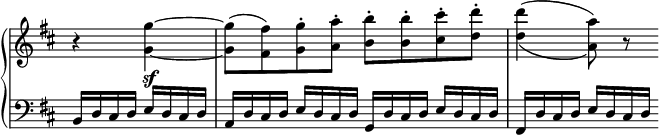 
 \relative c' {
  \new PianoStaff <<
   \new Staff \with { \remove "Time_signature_engraver" } { \key d \major \time 4/4 \partial 2
    r4 <g''~ g,~> <g g,>8( <fis fis,>) <g g,>-. <a a,>-. <b b,>-. <b b,>-. <cis cis,>-. <d d,>-. <d d,>4( _\( <a a,>8) \) r
   }
   \new Dynamics {
    s4 s\sf
   }
   \new Staff \with { \remove "Time_signature_engraver" } { \key d \major \time 2/2 \clef bass \partial 2
    \stemUp b,,,16[ d cis d] e d cis d
    a[ d cis d] e d cis d g,[ d' cis d] e d cis d | fis,[ d' cis d] e d cis d
   }
  >>
 }
