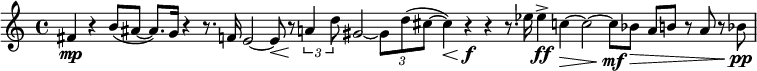 
{
\clef treble \key c \major \tempo 4=40 \set Staff.midiInstrument = "clarinet" {
      \set Score.tempoHideNote = ##t
      \override Score.BarNumber #'transparent = ##t
      \time 4/4
      \cadenzaOn
      \relative c' {
      fis4\mp r4 b8([ ais]~ ais8.)[ g16] r4 r8. f16 e2~ e8\< r8\! \tuplet 3/4 {a4 d8} gis,2~ \tuplet 3/4 {gis8[ d'( cis~]} cis4\<) r4\!\f r4 r8. es16 es4->\ff c4\>~ c2~ c8\mf[ bes\>] a[ b] r a r bes\pp \bar"|"}
      \cadenzaOff
    }
  }
