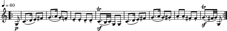 
 \version "2.18.2"
 \relative c' {
    \key c \major 
    \time 2/4
    \omit Staff.TimeSignature
    \tempo 4 = 60
    \set Score.currentBarNumber = #27
    \bar ".|:" \partial 8 g8 \p   c8. (d16 e8) fis
     g8. (a16 g8) f!-.
     e-. e-. d-. d-.
     c8. \trill \sf (b32 c) g8 g
    c8. (d16 e8) fis
    g8. (a16 g8) gis-.
    a-. a-. fis-. fis-.
    g8. \trill \sf (fis32 g) g,8
     \bar ":|."
 }
