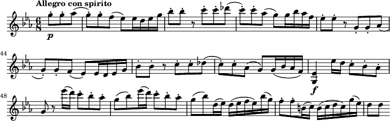 
\version "2.18.2"
 \relative c'' {
    \key ees \major 
    \time 6/8
    \tempo "Allegro con spirito"
    \set Score.currentBarNumber = #40
    \tempo 4 = 140   
     \partial 8*3 g'8-.  \p g-. aes (g-.) g-. 
     f (ees) ees16 d ees g
     bes8-. bes-. r c-. c-. des (c-.)
     c-. aes (g) g16 bes aes f
     ees8-. ees-. r g,-. g-. aes (g-.) g-. f (ees) ees16 d ees g
     bes8-. bes-. r c-. c-. des (c-.)
     c-. aes (g) g16 (bes aes f)
     <g, ees'>4 \f ees''16 d c8-. bes-. aes-.
     g r ees''16 (d) c8-. bes-. aes-.
     g (bes) ees16 (d) c8-. bes-. aes-.
     g (bes) d,16 (ees) d (ees f ees) bes' (g)
     f8-. f-. b,16 (c) b (c d c) g' (ees)
     d8 [d]  
 }
