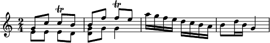 
\header {
  tagline = ##f
}

\score {
  \new Staff \with {

  }
<<
  \relative c'' {
    \key c \major
    \time 2/4
    \override TupletBracket #'bracket-visibility = ##f 
    %\autoBeamOff

     %%%%%%%%%%%%%%%%%%%%%%%%%% K15b/ K. Anh. 109b n° 2
     << { g8 c c\trill b b f' f\trill e } \\ { e,8 e e d < g d >8 g g4 } >>
     a'16 g f e d c b a b8 d16 b g4

  }
>>
  \layout {
    \context {
      \remove "Metronome_mark_engraver"
    }
  }
  \midi {}
}
