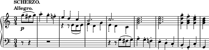 
 \relative c' {
  \new PianoStaff <<
   \new Staff { \key c \major \time 3/4 \partial 4.
    \tempo \markup {
     \column {
      \line { SCHERZO. }
      \line { Allegro. }
     }
    }
    <<
     {
      \stemDown g''8( fis g) a4-. g-. f!-. \stemUp e-. d-. c-. b2. c
      \stemDown <d b g> <e c g> <g d g,>4-. <f b, g>-. <e c g>-. <d b g>
     }
    \\
     { s4. s2. d,4\rest d8\rest e( d e) f4-. d-. g-. e-. d-. c-. }
    >>
   }
   \new Dynamics {
    s2\p
   }
   \new Staff { \key c \major \time 3/4 \clef bass
    r8 r4 R2. s2. s r4 r8 g8( fis g) a4-. g-. f!-. e-. d-. c-. b-. g-. c-. g
   }
  >>
 }
