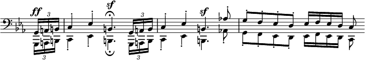 
 \relative c' \new Staff \with { \remove "Time_signature_engraver" } { \key c \minor \time 4/4 \partial 8 \clef bass
  <<
   { \times 2/3 { g,16^\ff a b } c4-. es-. b4.^\sf\fermata \times 2/3 { g16 a b } c4-. es-. b4.^\sf aes'!8-. g-. f-. es-. d-. es16 f es d c8 }
  \\
   { \times 2/3 { g,16 a b } c4-. es-. b4.\fermata \times 2/3 { g16 a b } c4-. es-. b4. aes'!8-. g-. f-. es-. d-. es16 f es d c8 }
  >>
 }
