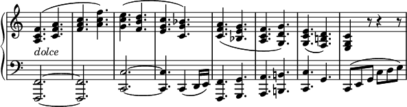 
 \relative c' {
  \new PianoStaff <<
   \new Staff \with { \remove "Time_signature_engraver" } { \key c \major \time 6/8
    <f c a>4.( <a f c> <c a f> <f c a>) <e c g>( <d b f> <c g e> <bes g c,>)
    <a f c>( <g e bes> <f c a> <g d g,>) <e c g>( <d b! f>) <c g e>4 r8 r4 r8
   }
   \new Dynamics {
    s2_\markup \italic dolce
   }
   \new Staff \with { \remove "Time_signature_engraver" } { \key c \major \time 6/8 \clef bass
    <f,,~ f,~>2. <f f,> <c'~ c,~> <c c,>4. c,4( d16 e)
    <f f,>4. <g g,> <a a,> <b! b,!> <c c,> g c,8( e g c d e)
   }
  >>
 }
