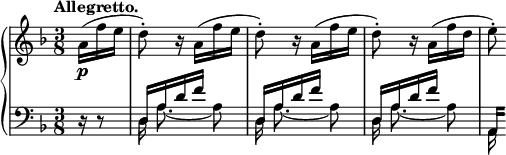 
 \relative c' {
  \new PianoStaff <<
   \new Staff { \key d \minor \time 3/8 \partial 8. \tempo "Allegretto."
    a'16\p( f' e d8-.) r16 a( f' e d8-.) r16 a( f' e d8-.) r16 a( f' d e8*1/2-.)
   }
   \new Staff { \key d \minor \time 3/8 \clef bass
    <<
     {
      d,,16\rest d8\rest d16 a' d f s8 d,16 a' d f s8 d,16 a' d f s8 \set stemLeftBeamCount = #0 a,,16[]
     }
    \\
     { \autoBeamOff \mergeDifferentlyDottedOn s8. d16 a'8.~ a8 d,16 a'8.~ a8 d,16 a'8.~ a8 a,16 }
    >>
   }
  >>
 }
