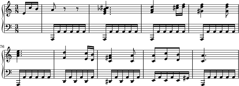 
\version "2.14.2"
\header {
  tagline = ##f
}
upper = \relative c'' {
  \clef treble 
  \key a \minor
  \time 3/8
  \tempo 4 = 68
  %\autoBeamOff
  \set Staff.midiInstrument = #"piano"
   
   \partial 8. e,16 c' b a8 r8 r8
   < cis bes g e >4. < d a f >4 < e cis >16 < f d >
   < f d gis, >4 < f d gis, >8 < e c a >4. < d f, >4
   < c e, >16 < b d, > < a fis c >4 < a c, >8 < a c, > < c e, > < b d, > < a c, >4.
   
}

lower = \relative c' {
  \clef bass
  \key a \minor
  \time 3/8
  \set Staff.midiInstrument = #"piano"
  \set Score.currentBarNumber = #72

   s8. \repeat unfold 5 { a,,16 \repeat unfold 5 { a' } }
   \repeat unfold 3 { d,16 a' }
   \repeat unfold 3 { dis,16 a' }
   \repeat unfold 2 { e16 a } e gis
    a,16 \repeat unfold 5 { a' }
}

\score {
  \new PianoStaff <<
    \set PianoStaff.instrumentName = #""
    \new Staff = "upper" \upper
    \new Staff = "lower" \lower
  >>
  \layout {
    indent = #0
    \context {
      \Score
      \remove "Metronome_mark_engraver"
      \override SpacingSpanner.common-shortest-duration = #(ly:make-moment 1/2)
    }
  }
  \midi { }
}
