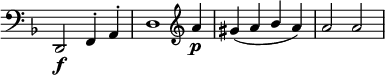 
 \relative c' \new Staff \with { \remove "Time_signature_engraver" } { \key d \minor \time 4/4 \clef bass
  <<
   { d,,2\f  f4-. a-. d1 }
  \\
   { \stemUp s1 s2. \clef treble a''4\p gis( a bes a) a2 a }
  >>
 }
