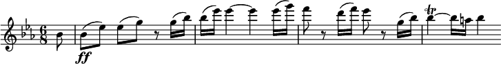 
\relative c'' {
  \key es \major \time 6/8
  \partial 8 bes8 | bes8\ff( es) es([ g)] r g16( bes) |
  bes16( es) es4~ es es16( g) |
  f8 r d16( f) es8 r g,16( bes) |
  bes4\trill~ bes16 a bes4
}
