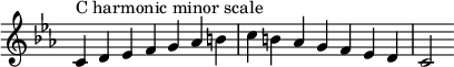  {
\override Score.TimeSignature #'stencil = ##f
\relative c' {
 \clef treble \key c \minor \time 7/4
 c4^\markup "C harmonic minor scale" d es f g aes b c b aes g f es d c2
} }

