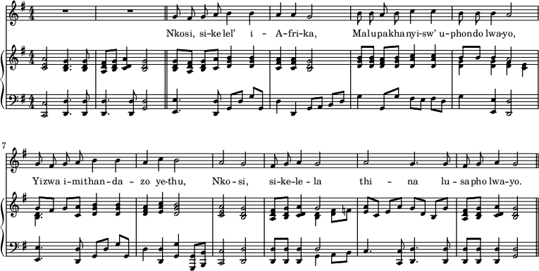 
<<
  \new Staff \with { midiInstrument="choir aahs" \magnifyStaff #5/7 } 
  \relative g {
    \set Score.tempoHideNote = ##t
    \clef treble
    \numericTimeSignature
    \time 4/4
    \tempo 4 = 80
    \key g \major 
    \relative g' {
      R1 R \bar "||" \autoBeamOff g8 fis g a b4 b a a g2 b8 b a b c4 c b8 b b4 a2 g8 fis g a b4 b a c b2 a g fis8 g a4 g2 a g4. g8 fis g a4 g2 \bar "||" 
    }
  }
  \addlyrics { \override LyricText.font-size = #-1
    Nko -- si, si -- ke -- lel’ i -- A -- fri -- ka,
    Ma -- lu -- pa -- kha -- nyi -- sw’_u -- phon -- do lwa -- yo,
    Yi -- zwa i -- mi -- than -- da -- zo ye -- thu,
    Nko -- si, si -- ke -- le -- la thi -- na lu -- sa -- pho lwa -- yo.
  }
  \new PianoStaff
  <<
  \new Staff \with { midiInstrument="piano" \magnifyStaff #5/7 }
  \relative g {
    \clef treble
    \numericTimeSignature
    \key g \major {
      <c e a>2 <b d g>4. <b d g>8 <a d fis>8 <b d g> <c d a'>4 <b d g>2 <b d g>8 [<a d fis>] <b d g> <c a'> <d g b>4 <d g b> <c fis a> <c fis a> <b d g>2 <d g b>8 [<d g b>] <d fis a> [<d g b>] <d a' c>4 <d a' c> << {
        \voiceOne b'8 b b4 a2 g8 [fis] g <c, a'> <d g b>4 <d g b>
      } \new Voice {
        \voiceTwo <d g>4 <d g> <d fis> <c e> <b d>4.
      } >> <d fis a>4 <e a c> <d g b>2 <c e a> <b d g> <a d fis>8 <b d g> <c d a'>4 << {
        \voiceOne g'2
      } \new Voice {
        \voiceTwo <b, d>4 <d fis>8 f
      } >> <e a> [c] e [a] g [d] b [g'] <a, d fis>8 <b d g> <c d a'>4 <b d g>2
    }
  }
  \new Staff \with { midiInstrument="piano" \magnifyStaff #5/7 }
  \relative g,
  {
    \clef bass
    \numericTimeSignature
    \key g \major {
      <c, c'>2 <d d'>4. <d d'>8 <d d'>4. <d d'>8 <g d'>2 <e e'>4. <d d'>8 g[d'] g g, d'4 d, g8 [a] b d g4 g,8 [g'] fis [e] fis d g4 <e, e'> <d d'>2 <e e'>4. <d d'>8 g [d'] g g, d'4 <d, d'> <g g'> <g, g'>8 <b b'> <c c'>2 <d d'> <d d'>8 <d d'> <d d'>4 << {
        \voiceOne d'2
      } \new Voice {
        \voiceTwo g,4 a8 b
      } >> c4. <c, c'>8 <d d'>4. <d d'>8 <d d'>8 <d d'> <d d'>4 \tempo 4 = 50 <g d'>2
    }
  }
  >>
>>
