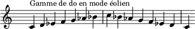 
\relative c' { 
  \clef treble \time 7/4 \hide Staff.TimeSignature c4^\markup { Gamme de do en mode éolien } d ees f g aes bes c bes aes g f ees d c
}
