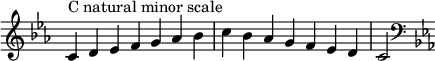  {
\override Score.TimeSignature #'stencil = ##f
\relative c' {
 \clef treble \key c \minor \time 7/4
 c4^\markup "C natural minor scale" d es f g aes bes c bes aes g f es d c2
 \clef bass \key c \minor
} }

