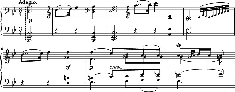 
 \relative c' {
  \new PianoStaff <<
   \set PianoStaff.connectArpeggios = ##t
   \new Staff { \key bes \major \time 3/4 \tempo "Adagio."
    <<
     {
      \clef bass \stemDown <bes f d>2.\arpeggio \clef treble d'8..( es32) f4 \clef bass <bes,, f d>4
      <a f es>2. \clef treble a''8..( bes32) c4 \stemUp <es,, c>4 \afterGrace <d bes>2. { d32[(f es d es f g a bes c)] }
      \stemDown d8..( es32) f4 <f aes,> \stemUp f( es8) d c-.( c-.) c\trill [ \grace { b32[ c] } d16 c] c8
     }
    \\
     { s2. s s s s s g4. bes!8 bes bes bes4( a!8) }
    >>
   }
   \new Dynamics {
    s8 s8\p s2 s2. s s s s2 s4\sf s\p s8\cresc s\! s4
   }
   \new Staff { \key bes \major \time 3/4 \clef bass
    <<
     {
      <bes,, f bes,>2.\arpeggio d4\rest d\rest <bes f bes,>4 <c f, c>2. d4\rest d\rest <f a,> \stemDown <f bes,>2.
      d4\rest d\rest <b' d,> \stemUp b4( c8) d es e e4( f8)
     }
    \\
     { s2. s2. s2. s2. s2. s2. es,4. f8 g-.( g-.) f4. }
    >>
   }
  >>
 }
