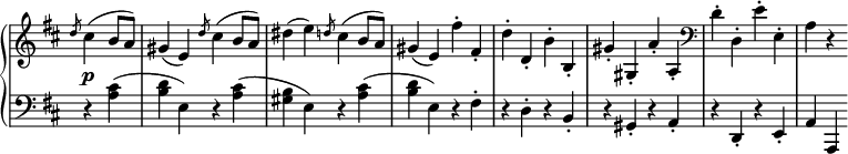 
 \relative c' {
  \new PianoStaff <<
   \new Staff \with { \remove "Time_signature_engraver" } { \key d \major \time 2/2 \partial 2
    \slashedGrace d'8 cis4( b8 a) gis4( e) \slashedGrace d'8 cis4( b8 a) dis4( e)
    \slashedGrace d8 cis4( b8 a) gis4( e) fis'-. fis,-. d'-. d,-.
    b'-. b,-. gis'-. gis,-. a'-. a,-. \clef bass d-. d,-. e'-. e,-. a r
   }
   \new Dynamics {
    s4\p
   }
   \new Staff \with { \remove "Time_signature_engraver" } { \key d \major \time 2/2 \clef bass \partial 2
    \slashedGrace s8 r4 <cis a>4( <d b> e,) r <cis' a>( <b gis> e,) r <cis' a>( <d b> e,)
    r fis-. r d-. r b-. r gis-. r a-. r d,-. r e-. a a,
   }
  >>
 }
