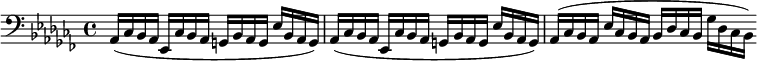 { #(set-global-staff-size 12) \relative c { \clef bass \key as \minor \time 4/4 as16( ces16 bes16 as16 es16 ces'16 bes16 as16 g16 bes16 as16 g16 es'16 bes16 as16 g16) as16( ces16 bes16 as16 es16 ces'16 bes16 as16 g16 bes16 as16 g16 es'16 bes16 as16 g16) as16( ces16 bes16 as16 es'16 ces16 bes16 as16 bes16 des16 ces16 bes16 ges'16 des16 ces16 bes16) \bar "" } } 