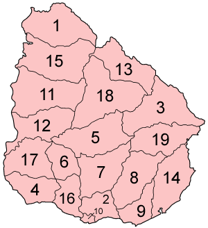 Map of the departments of Uruguay in alphabetical order.