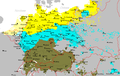 Dialectele limbii germane vorbite în Europa Centrală și de Est înaintea celui de-Al Doilea Război Mondial (se pot observa grupuri de germani din Regatul României de asemenea).