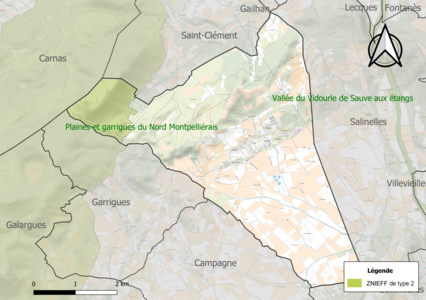 Carte de la ZNIEFF de type 2 sur la commune.