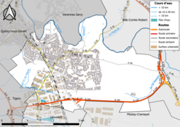 Carte en couleur présentant le réseau hydrographique de la commune