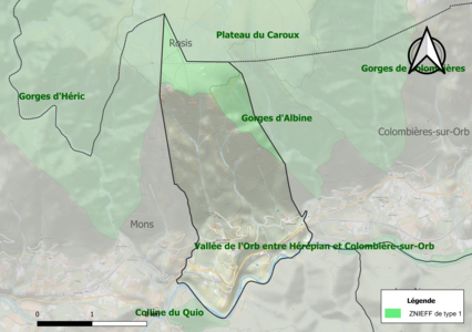 Carte des ZNIEFF de type 1 sur la commune.