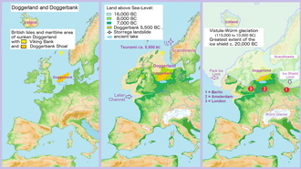 Carte montrant l'étendue hypothétique du Doggerland à différentes périodes