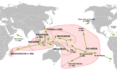 L'expansion des langues austronésiennes et des cultures archéologiques associées. Cette carte, couverte de flèches uni-directionnelles, repose sur des publications de 1995-1996[18]. Elle semble ne pas refléter l'actualité de la recherche en 2017-19.