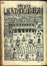 The City of the Kings of Lima, in the foreground the unfinished Cathedral, painting of 1615 by the Inca painter Guamán Poma. Royal Library, Denmark.[2]