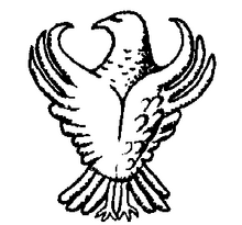 Line drawing of eagle with wings spread, head turned toward its right wing