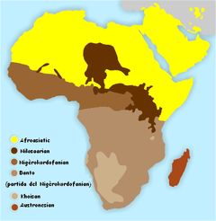 En jaune: distribucion actuala de las lengas afroasiaticas