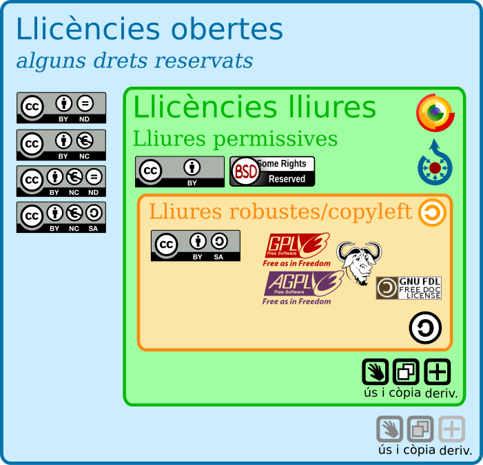 Les llicències obertes permeten reservar-se alguns drets i alliberar-ne altres per permetre usos de la obra. Dins d'aquestes les llicències lliures alliberen els drets d'explotació per a qualsevol ús (inclòs el comercial) i també el dret a crear obres derivades. Dins les llicències lliures les permissives només es reserven el reconeixement i les robustes obliguen a que les reproduccions i obres derivades mantinguin la mateixa llicència, que es mantinguin lliures.