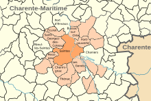 Carte représentant la commune de Saintes et ses communes limitrophes