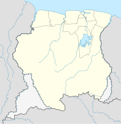 Mapa konturowa Surinamu, na dole nieco na lewo znajduje się punkt z opisem „źródło”, natomiast u góry po lewej znajduje się punkt z opisem „ujście”