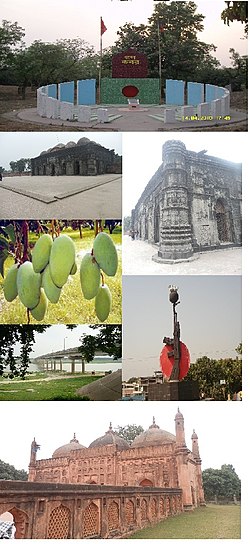 চাঁপাইনবাবগঞ্জ ল্যান্ডমার্ক (উপর থেকে ঘড়ির কাঁটার দিকে): গণ কবর (গণকবর), ছোট সোনা মসজিদ (পার্শ্বের দৃশ্য), মুক্তিযুদ্ধের মূর্তি, তোহাখানা মসজিদ, ক্যাপ্টেন জাহাঙ্গীর সেতু, আম, সোনা মসজিদ