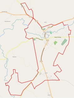 Mapa konturowa Dzierzgonia, blisko centrum na prawo u góry znajduje się punkt z opisem „Cerkiew Zesłania Ducha Świętegow Dzierzgoniu”