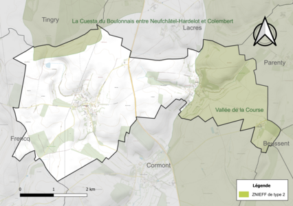 Carte des ZNIEFF de type 2 sur la commune.