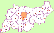 Carte montrant les différents raïons de l'oblast de Kostroma, avec le raïon de Parfenievo mis en évidence. L'emplacement de Parfenievo est montré.