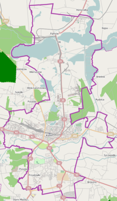 Mapa konturowa Konina, na dole znajduje się punkt z opisem „Kościół Świętego Ducha w Koninie”