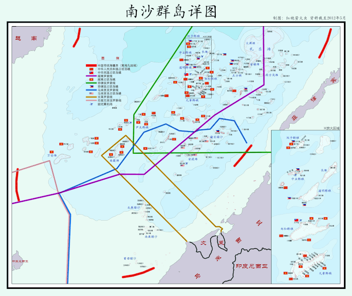 南沙群岛2012年形势图（标出主权声索线、驻军之岛礁及固定翼机场）