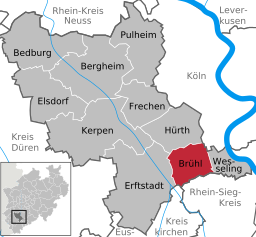 Läget för staden Brühl i Rhein-Erft-Kreis