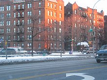 Apartment buildings at Ocean Parkway and 18th Avenue as seen on a snowy day