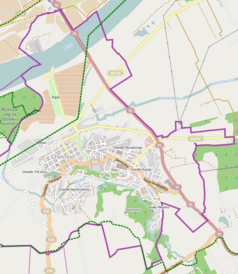 Mapa konturowa Chełmna, po lewej nieco na dole znajduje się punkt z opisem „Kościół Wniebowzięcia Najświętszej Maryi Panny w Chełmnie”