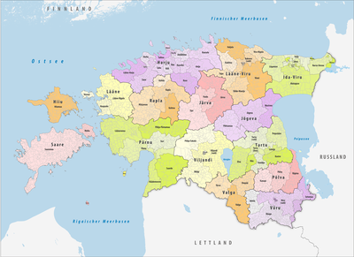 Grafische Landkarte von Estland mit den Landkreisen und den jeweiligen Verwaltungssitzen. Die angrenzenden Staaten und das Meer sind beschriftet.