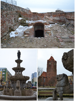 Ruínas do Castelo dos Bispos pomesanos, da Fonte de Roland e da cocatedral de Santo Adalberto