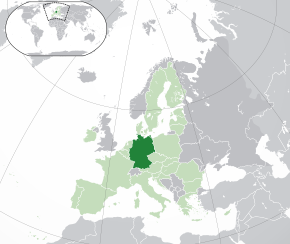 Localizarea  Germaniei  (verde închis) – pe continentul european  (verde deschis și gri închis) – în Uniunea Europeană  (verde deschis)  —  [Legendă]