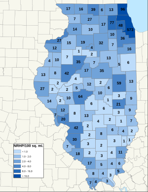 Distribuição de NRHPs nos condados de Illinois.