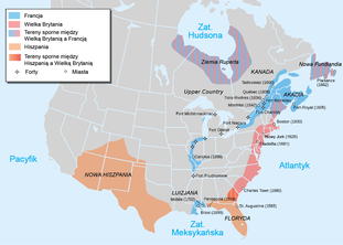 Um mapa representando o estado da ocupação europeia da América do Norte no início da Guerra da Rainha Ana, como é conhecido o teatro norte-americano da Guerra da Sucessão Espanhola. As áreas que são de cor sólida destinam-se a representar áreas aproximadas de ocupação e não representam terras reivindicadas, que geralmente eram muito maiores. Áreas com reivindicações conflitantes são representadas com gradação de cor e podem ou não ser ocupadas por qualquer um dos lados. Muitas dessas reivindicações de terras também cruzam terras reivindicadas pelos nativos americanos, que não são mostradas.