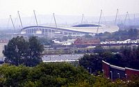 An aerial shot of the City of Manchester Stadium